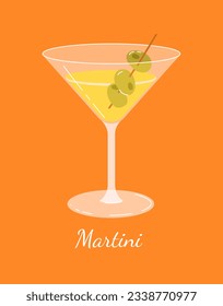Martini cocktail concept. Tasty liquid and beverage for summer season. Cold alcohol with olive. Juice in glass. Poster or banner. Cartoon flat vector illustration isolated on orange background