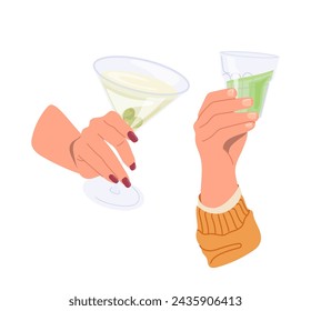 Martini cocktail in female hands and tequila glass in male arm clinking and celebrating something