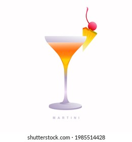 Martini cocktail garnished with slice of Pineapple and cherry, Vector Illustration  isolated on white background
