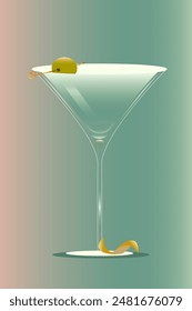 Cóctel de Martini en copa de martini, adornado con una aceituna verde sobre fondo verde suave degradado. Ilustración vectorial. Diseño creativo. Concepto de bebida alcohólica, menú de bar, refresco