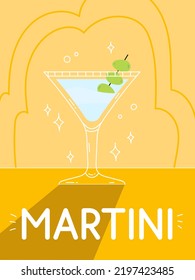 Martini cocktail in glass with ice. Classic summer alcohol drink illustration square card. Minimal poster with alcoholic beverage. Vector bright illustration.Wall decoration, prints, poster