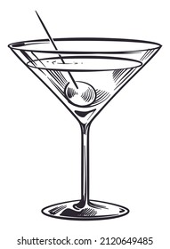 Martini cocktail glass with olive. Hand drawn engraving