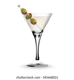 Martini cocktail in a glass with olive. Realistic alcoholic beverage.