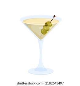 Martini cocktail glass with olives on stick vector illustration. Cartoon isolated cold alcohol yellow drink with vermouth for friends party in bar or restaurant, martini beverage in cup for weekend
