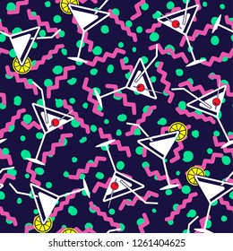 Martini cocktail glass pattern on dark blue background/ Party fun seamless vector pattern/ Cocktail with cherry and lemon drink