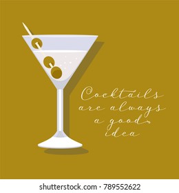 Martini cocktail in a glass vector illustration, banner. Olives in martini poster for cocktails party 