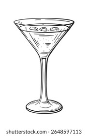 Martini cocktail hand drawn isolated on white background. Vintage sketch of alcoholic drink glass. Party cocktail. Vector illustration