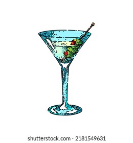 martini cocktail hand drawn vector. gin glass, drink vodka, bar dry olive martini cocktail sketch. isolated color illustration