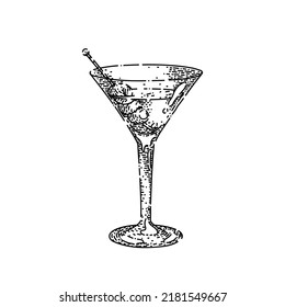 martini cocktail hand drawn vector. gin glass, drink vodka, bar dry olive martini cocktail sketch. isolated black illustration