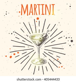 Martini cocktail. Hand drawn vector illustration. Freehand drink card for cafe, restaurant or bar. Can be used for menu, background, poster, banner, badge, emblem, sticker, placard and other design.