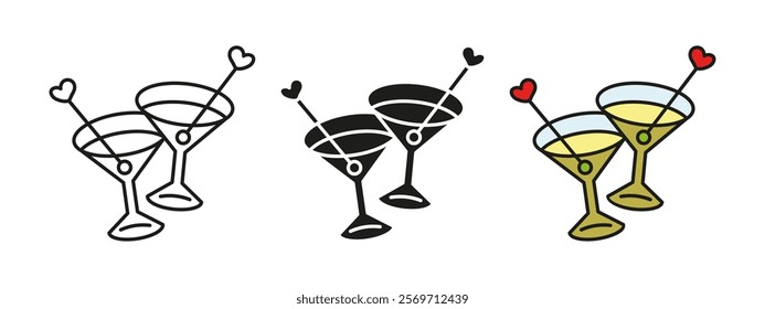 Martini cocktail icon. Alcohol drinks bar vector illustration. Party cocktail beverage with olive on a stick symbol. Appetizer or aperitif sign. Champagne or martini cocktail glass with heart sticks.