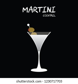 Martini Cocktail illustration in vector with stuffed olive on square black background.