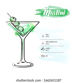 Martini. Cocktail infographic set. Vector illustration. Colorful watercolor background