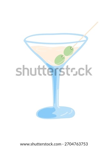 Martini cocktail with olive garnish. Vector illustration isolated on white background. 