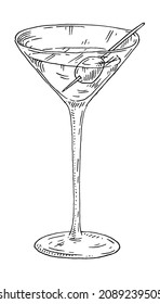 Martini cocktail with olive. Vintage engrave monochrome black illustration. Isolated on white background. Hand drawn hatching