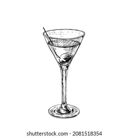 Martini cocktail with olive. Vintage hatching vector black illustration. Isolated on white background