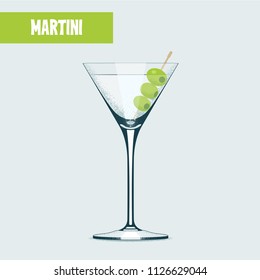 Martini cocktail with olives vector illustration. Design element, poster with martini glass 