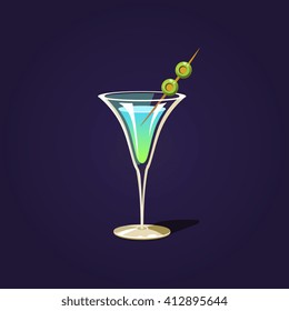 Martini Cocktail  Outlined Flat Vector Sticker In Cartoon Design Isolated On Dark Background