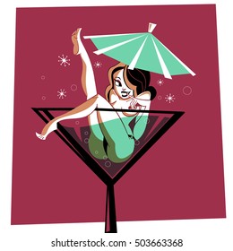 Martini Cocktail Pinup - Illustration