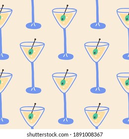 Martini cocktail seamless pattern. Hand drawn red alcoholic beverage, minimal style bar drink decoration, doodle trendy vector decor textile, wrapping paper wallpaper, print or fabric