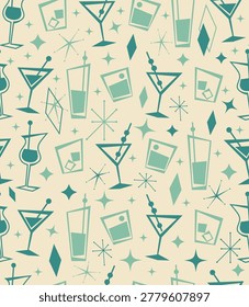 Martini cocktail seamless pattern. Hand drawn red alcoholic beverage, minimal style bar drink decoration, doodle trendy vector decor textile, wrapping paper wallpaper, print or fabric