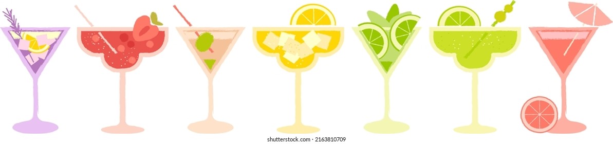 Equipo de cócteles Martini. Ilustración vectorial de textura plana. Bebidas alcohólicas refrescantes de verano. Prepara cócteles en un estilo minimalista. Ilustración de copas de bar