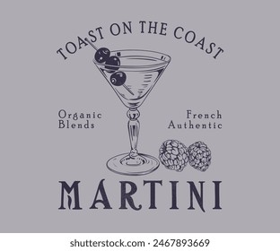 martini cocktail summer drinks vector design, wine glass with olive and raspberry, summer vintage cocktail artwork for t shirt, graphic print 