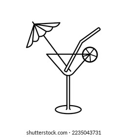 Martini cocktail with umbrella and lemon in classic glass. Doodle vector icon isolated on white background.