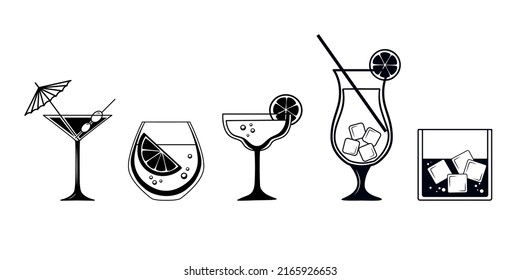 Cóctel Martini con paraguas y oliva en vidrio clásico. Conjunto de iconos vectoriales en blanco y negro aislados en fondo blanco. El glifo es símbolo de bebida alcohólica