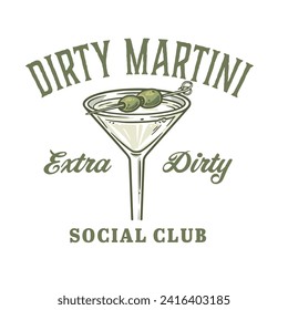 Martini cocktail vector with olive and splashes for alcohol for cocktail bar or drink party. Logo design with glass of martini for tee print of bartender or barman.