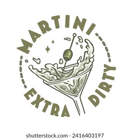 Martini cocktail vector with olive and splashes for alcohol for cocktail bar or drink party. Logo design with glass of martini for tee print of bartender or barman.