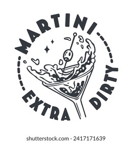 Martini cocktail vector with olive and splashes for alcohol for cocktail bar or drink party. Monochrome print or logo design with glass of martini for bartender or barman.