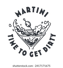 Martini cocktail vector with olive and splashes for alcohol for cocktail bar or drink party. Monochrome print or logo design with glass of martini for bartender or barman.