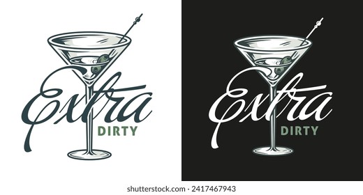 Vector de cócteles Martini con aceitunas y batidos para alcohol para cóctel bar o fiesta de bebidas. Diseño de logotipo con vidrio de martini para timbre de barman o barman.