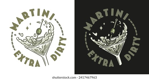 Martini cocktail vector with olive and splashes for alcohol for cocktail bar or drink party. Logo design with glass of martini for tee print of bartender or barman.