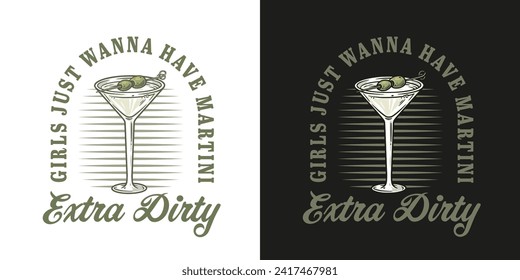 Martini cocktail vector with olive and splashes for alcohol for cocktail bar or drink party. Logo design with glass of martini for tee print of bartender or barman.