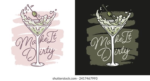 Martini cocktail vector with olive and splashes for alcohol for cocktail bar or drink party. Logo design with glass of martini for tee print of bartender or barman.