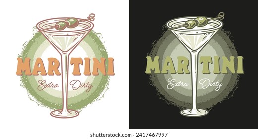 Martini cocktail vector with olive and splashes for alcohol for cocktail bar or drink party. Logo design with glass of martini for tee print of bartender or barman.