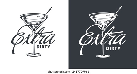 Martini cocktail vector with olive and splashes for alcohol for cocktail bar or drink party. Monochrome print or logo design with glass of martini for bartender or barman.