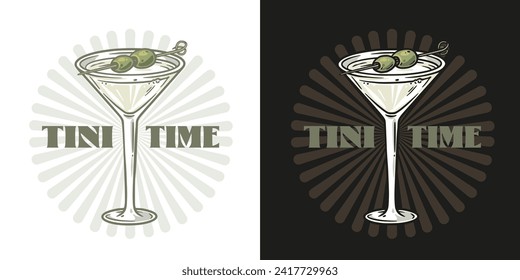 Martini cocktail vector with olive and splashes for alcohol for cocktail bar or drink party. Logo design with glass of martini for tee print of bartender or barman.