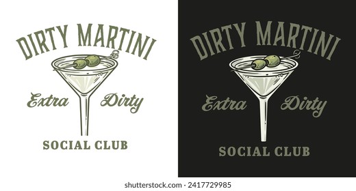 Martini cocktail vector with olive and splashes for alcohol for cocktail bar or drink party. Logo design with glass of martini for tee print of bartender or barman.