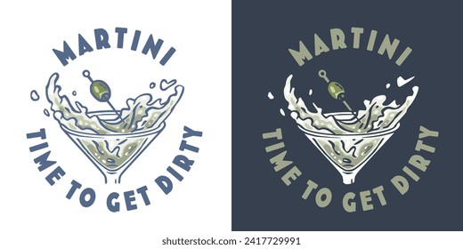 Martini cocktail vector with olive and splashes for alcohol for cocktail bar or drink party. Logo design with glass of martini for tee print of bartender or barman.