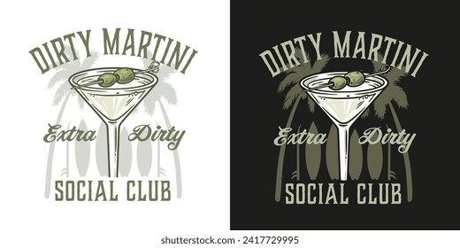 Martini cocktail vector with olive and splashes for alcohol for cocktail bar or drink party. Logo design with glass of martini for tee print of bartender or barman.