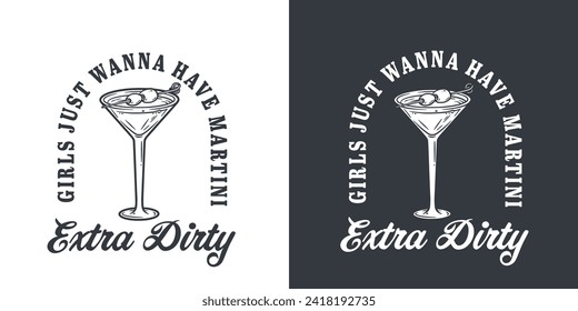 Martini cocktail vector with olive and splashes for alcohol for cocktail bar or drink party. Monochrome print or logo design with glass of martini for bartender or barman.