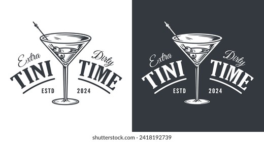 Martini cocktail vector with olive and splashes for alcohol for cocktail bar or drink party. Monochrome print or logo design with glass of martini for bartender or barman.