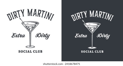 Martini cocktail vector with olive and splashes for alcohol for cocktail bar or drink party. Monochrome print or logo design with glass of martini for bartender or barman.