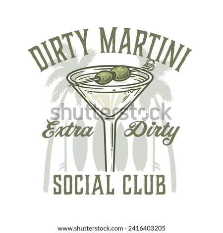 Martini cocktail vector with olive and splashes for alcohol for cocktail bar or drink party. Logo design with glass of martini for tee print of bartender or barman.