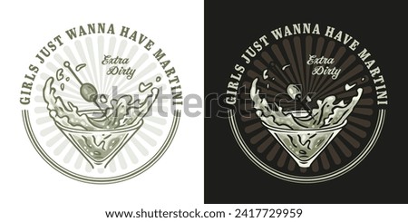 Martini cocktail vector with olive and splashes for alcohol for cocktail bar or drink party. Logo design with glass of martini for tee print of bartender or barman.