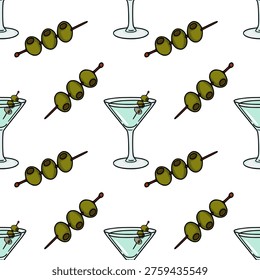 Martini cocktail vector pattern with olive skewers, seamless background illustration