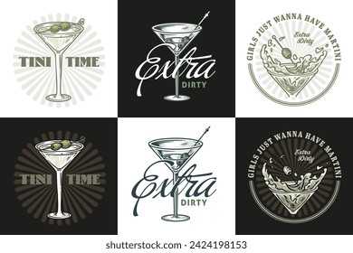 Martini cocktail vector set with olive and splashes for alcohol for cocktail bar or drink party. Margarita or martini collection for logo or tee print of bartender or barman.